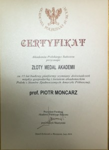 Złoty Medal Akademii - certyfikat